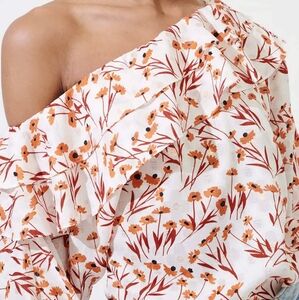 Maje Laurane Floral Cotton Blend One Shoulder Blouse in Terracotta